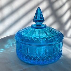 Vintage 70s blue glass candy dish home decor